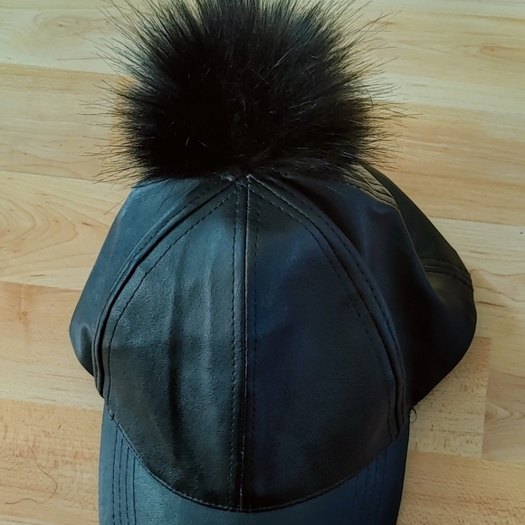 Rampage Faux Leather Pom Pom Baseball Cap with faux fur - Picture 2 of 3